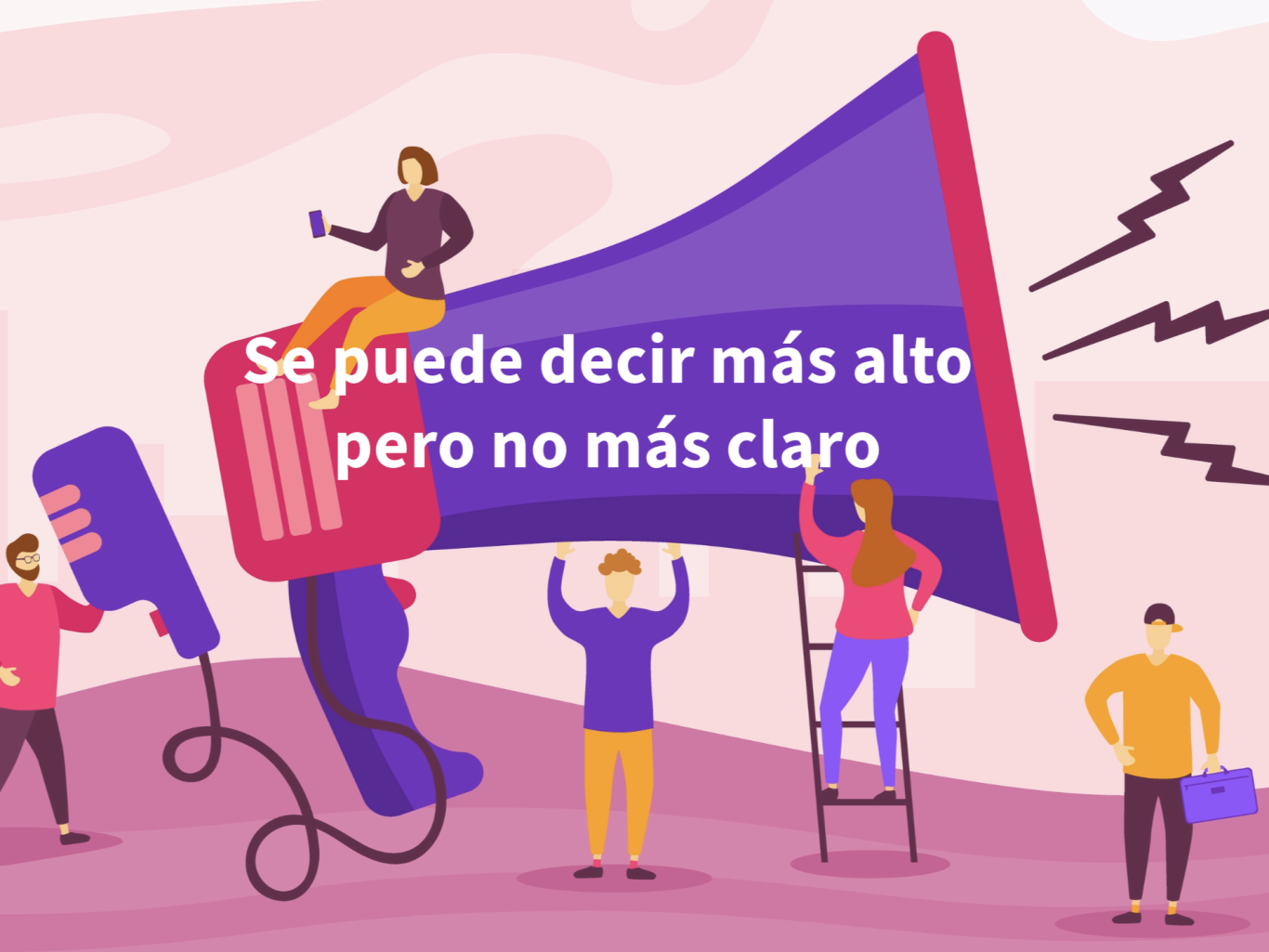 La implementación del plan de igualdad en la empresa es una herramienta fundamental para corregir las desigualdades Mensaje sobre la claridad y volumen de la comunicación, con ilustraciones de personas y megáfonos.