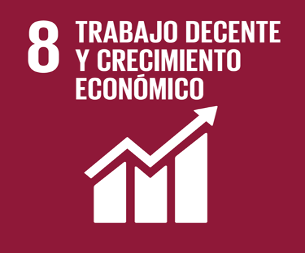 Icono del ODS 8: Trabajo decente y crecimiento económico, con gráfico ascendente.